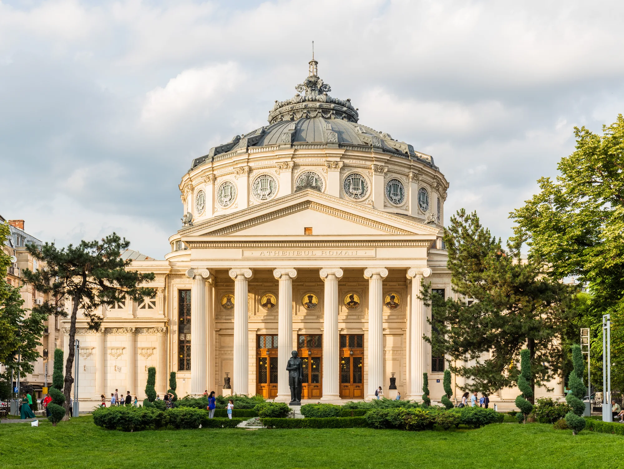 The round neoclassical Romanian Athenaeum concert hall in Bucharest, with its domed roof and Ionic-columned portico