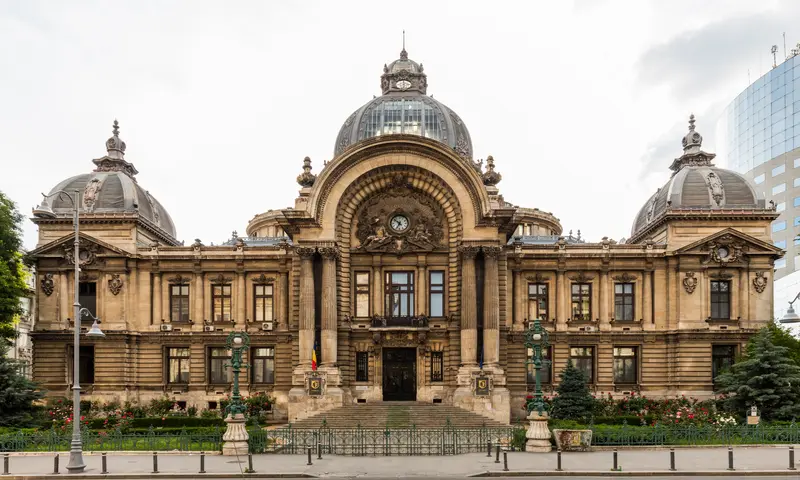 The Belle-Époque CEC Palace on Calea Victoriei in Bucharest, with its central glass-and-metal dome and corner cupolas