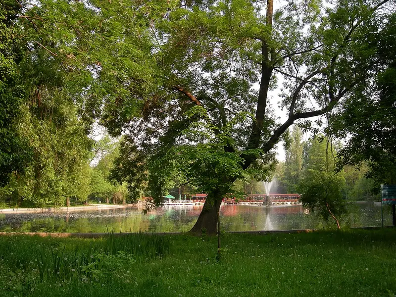 The lake of Cișmigiu Gardens in central Bucharest, with a fountain and lakeside pavilion framed by tall trees
